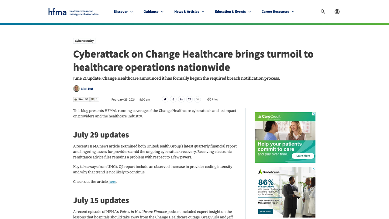 Cyberattack on Change Healthcare brings turmoil to healthcare operations nationwide by HFMA