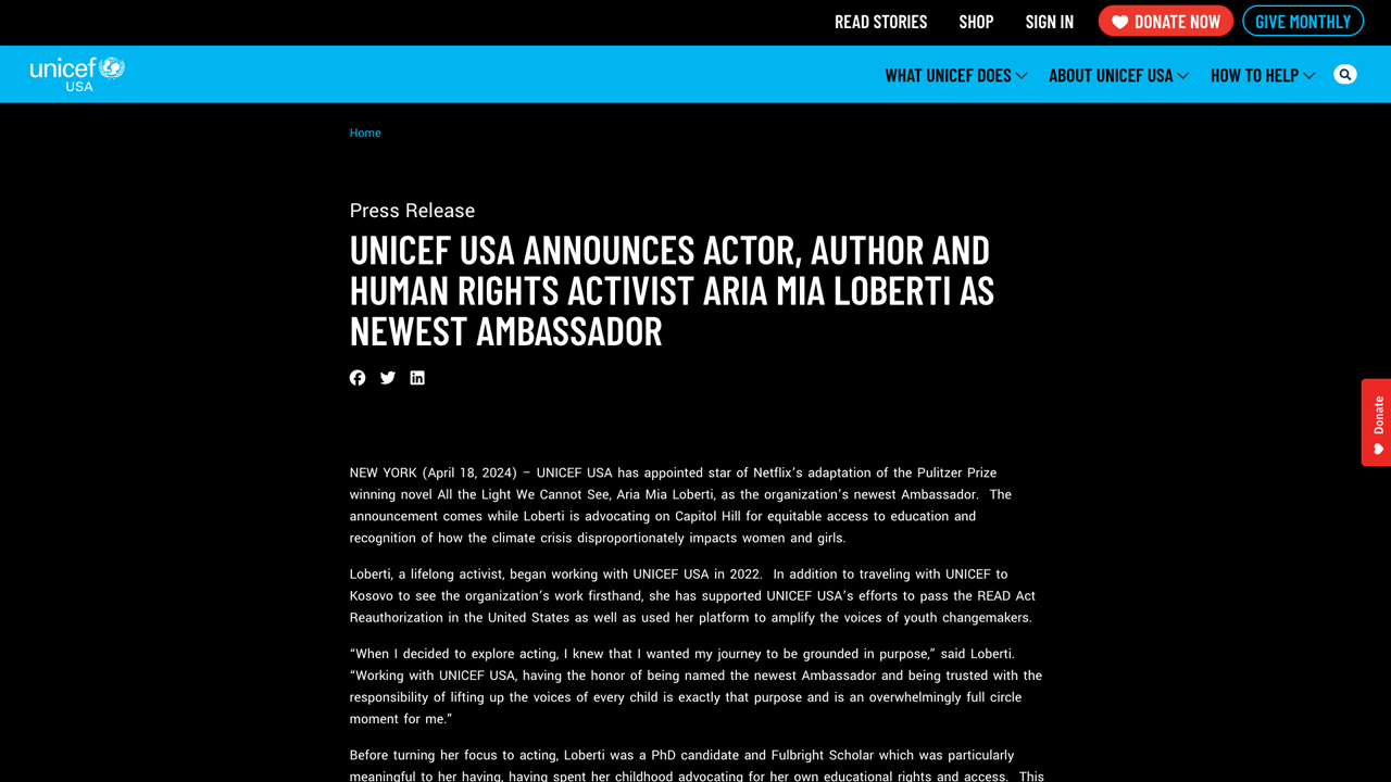 UNICEF USA Ambassador, Aria Mia Loberti, brings attention to the climate girls gap by UNICEF USA