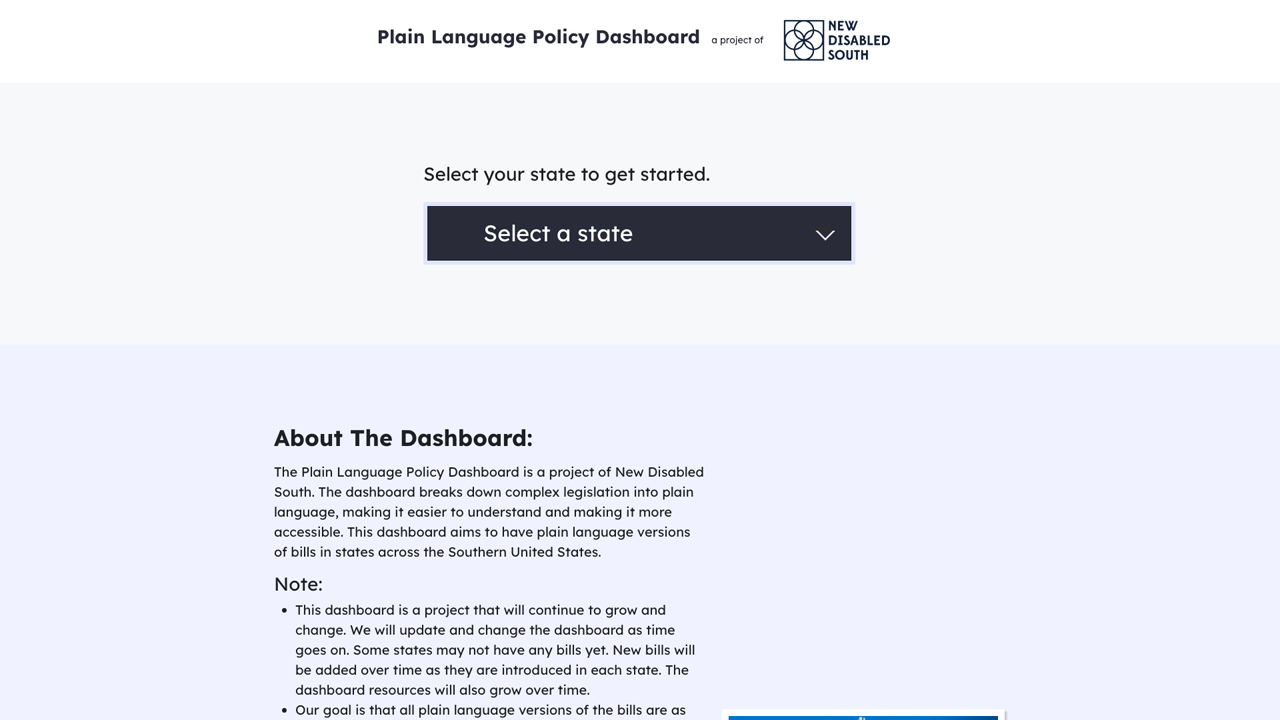 New Disabled South's Plain Language Policy Dashboard by New Disabled South