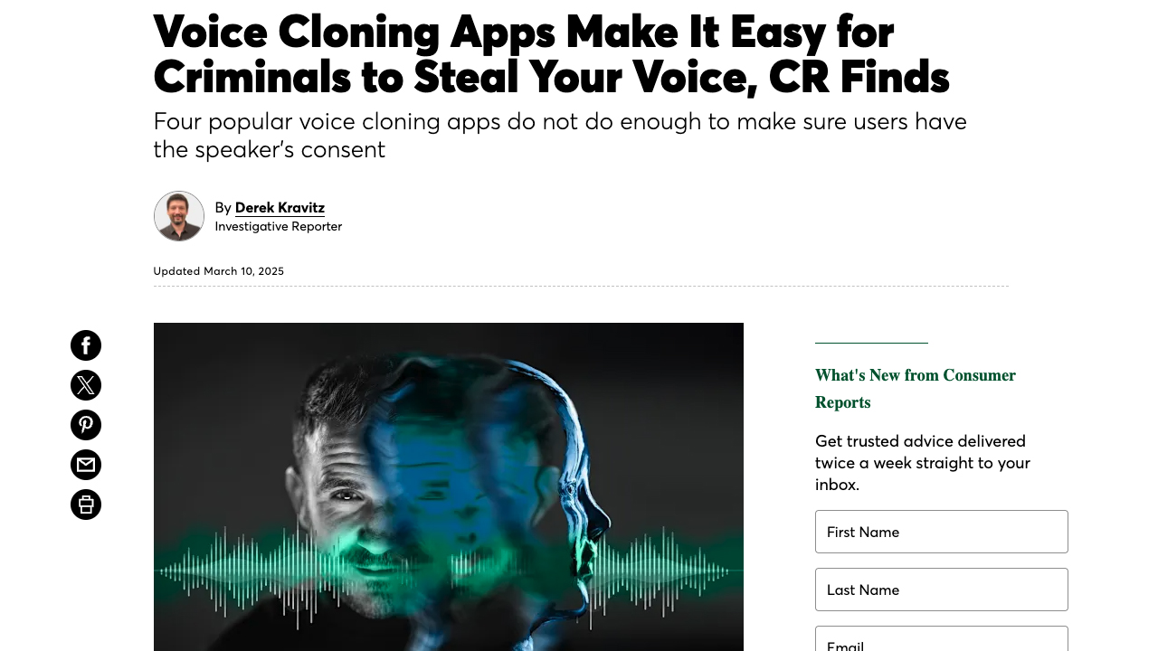 AI Voice Cloning Apps Make It Easy for Criminals to Steal Your Voice, CR Reveals by Consumer Reports