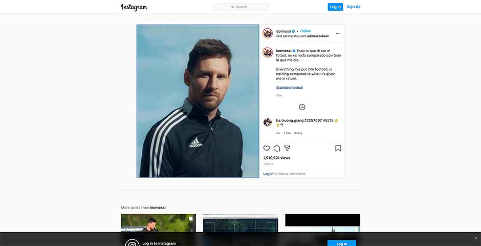 Screenshot of the entry for Leo Messi x adidas Football | 15 years. 3 stripes. 1 legacy.