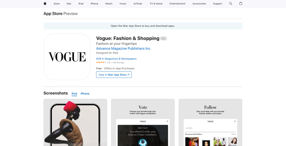 Screenshot of the entry for Vogue App: Fashion at Your Fingertips