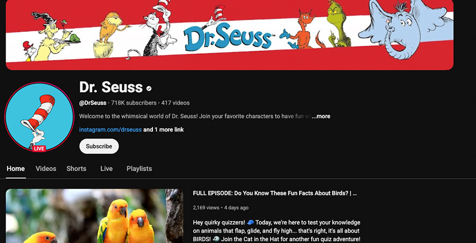 Screenshot of the entry for Dr. Seuss Enterprise YouTube Channel