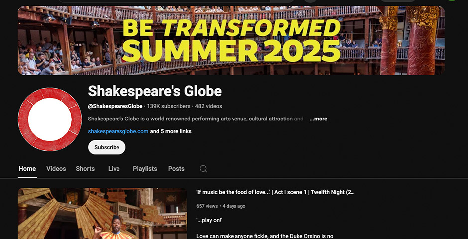 Screenshot of the entry for Shakespeare's Globe Youtube Channel